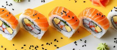 Fresh and Colorful Sushi Rolls with Salmon, Avocado, and Crab on a Yellow Background photo