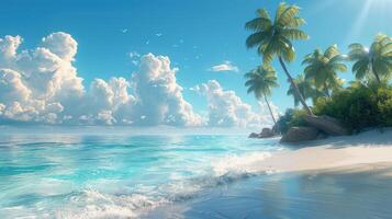 Tropical Paradise Beach with Palm Trees, Clear Blue Water, and White Sand Under a Sunny Sky with Fluffy Clouds photo