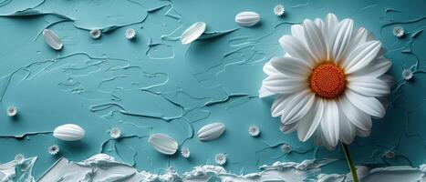 Beautiful White Daisy Flower on Textured Blue Background with Petals and Small Flowers photo