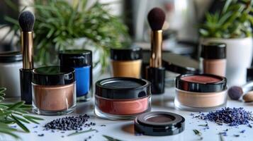 Assorted Makeup Products with Brushes and Plants on a White Table in Natural Light photo