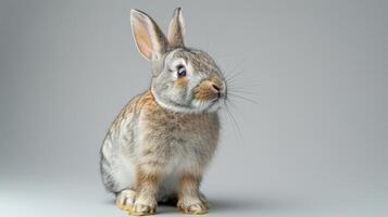Adorable Grey Rabbit with Fluffy Fur Sitting Against a Plain Grey Background photo