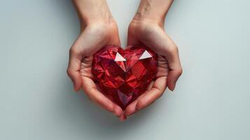 Hands Holding a Red Crystal Heart Symbolizing Love, Care, and Compassion on a Light Background photo