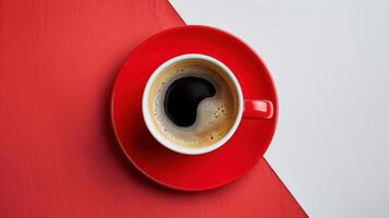 Top View of a Red Coffee Cup on a Red and White Background - Minimalist Design and Modern Aesthetic photo