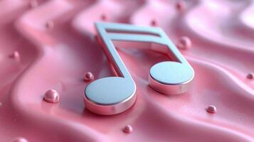 Shiny Metallic Music Note on Glossy Pink Surface with Wavy Texture and Droplets photo