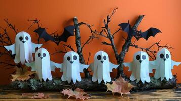Halloween Decorations with Paper Ghosts and Bats on Branches Against Orange Background photo