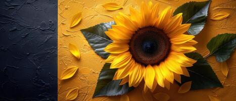 Bright Yellow Sunflower on Textured Yellow and Blue Background with Petals and Leaves photo