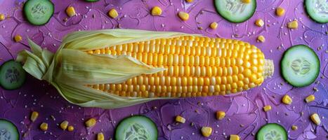 Fresh Corn on the Cob with Sliced Cucumbers and Corn Kernels on a Vibrant Purple Background photo