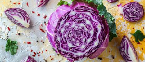 Fresh Purple Cabbage Sliced in Half with Vibrant Colors and Textured Background photo