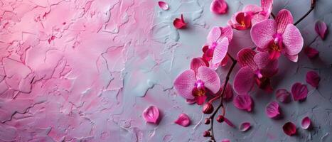 Beautiful Pink Orchids on Artistic Textured Background with Petals Scattered Around photo