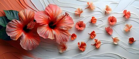 Vibrant Hibiscus Flowers on Artistic Textured Background with Petals Scattered Around photo