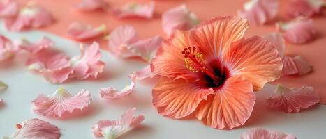 Beautiful Pink Hibiscus Flower with Petals Scattered on a Soft Gradient Background photo