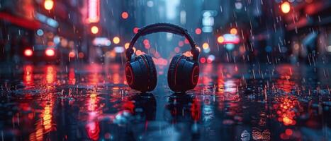 Headphones on Wet City Street at Night with Colorful Bokeh Lights and Rain Reflections photo