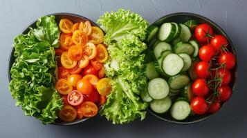 Fresh and Vibrant Assortment of Vegetables in Bowls on a Gray Background photo