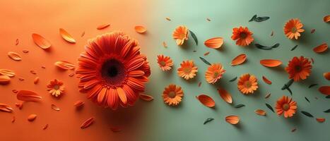 Vibrant Orange Gerbera Daisies with Petals Scattered on Colorful Gradient Background photo