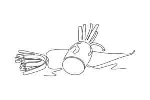 Continuous one line drawing whole and sliced healthy organic white radish for farm logo identity. Fresh Japanese daikon concept for vegetable icon. Single line draw design graphic illustration vector