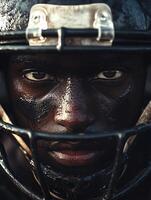 American football player wearing helmet looking at viewer photo