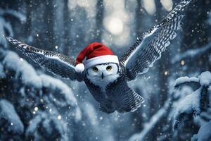 Beautiful snowy owl wearing a santa hat flying through snowy forest photo