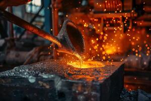 Molten Metal Pouring in Foundry with Sparks Flying in Industrial Workshop photo