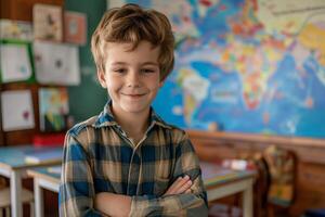 Smiling Young Boy in Checkered Shirt Standing Confidently in Classroom with World Map photo