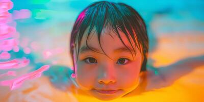 Child Swimming Underwater with Colorful Neon Lights Fun and Playful Water Activities photo