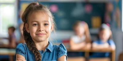 Smiling Young Girl in Classroom with Blurred Peers in Background photo