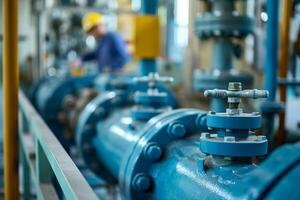 Industrial Pipelines and Valves in a Factory Setting with Worker in Background photo