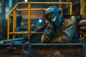 Tired Industrial Worker in Protective Gear Resting in a Factory Setting photo