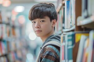 Focused Teenager in Library Aisle Surrounded by Bookshelves photo