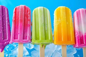 Colorful fruit ice cream on the background of ice cubes photo