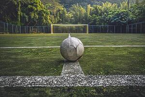 Soccer ball on the field with the goal post photo
