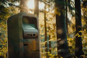 Outdoor ATM Machine in Forest with Sunlight Filtering Through Trees photo