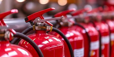 Row of Red Fire Extinguishers in Industrial Setting for Safety and Emergency Preparedness photo