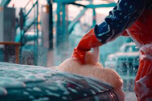 CloseUp of Professional Car Wash with Soap Suds and Worker in Protective Gear photo