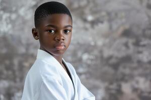 Young Boy Posing in Karate Uniform Against Abstract Background photo