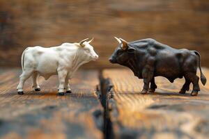 White Bull and Black Bull Figurines Facing Each Other on Rustic Wooden Surface photo