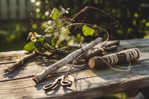 Rustic Gardening Still Life with Pruning Tools and Twine photo