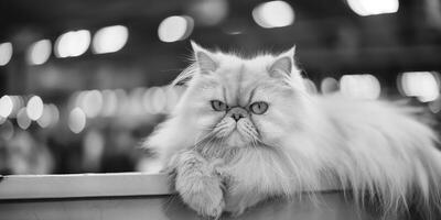 Grumpy Persian Cat Relaxing on Ledge in Black and White photo