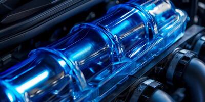 Shiny Blue Engine Inside Modern Car, CloseUp View of Engine Components photo