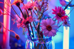 NeonIlluminated Floral Arrangement in a Glass Vase with Colorful Background photo