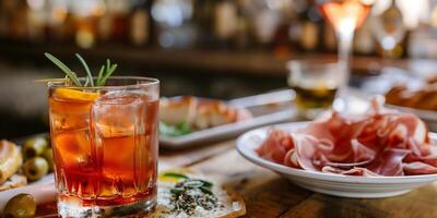 Refreshing Cocktail with Ice and Gourmet Platter in Elegant Bar Setting photo