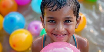 Happy Child Enjoying Water Play with Colorful Balloons on a Sunny Day photo