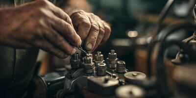 Hands of Craftsman Working on Precision Metalwork with Machine Tools in Workshop photo