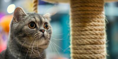Adorable Gray Cat with Wide Eyes Sitting Next to a Scratching Post photo