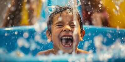 Joyful Child Laughing and Splashing in Water on a Sunny Day at the Pool photo