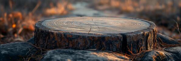 Sunlit Tree Stump on Rocky Forest Path in Autumn photo
