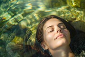 Woman Relaxing in Crystal Clear Water with Serene Expression Peaceful Nature Escape photo