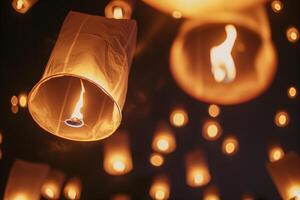 Floating Lanterns Night Festival with Glowing Warm Lights Against Dark Sky photo