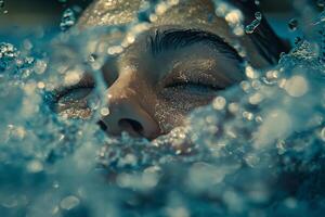 Peaceful Underwater Serenity Closeup of Face Submerged in Water with Eyes Closed photo