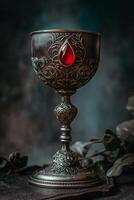 Ornate Silver Chalice with Red Gem at Center Against Dark Background photo