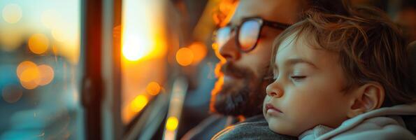 Father and Child Sleeping on Train during Sunset Journey photo